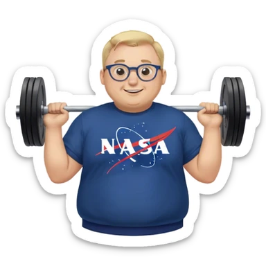 happy chubby man, lifts weights,  blond short and hight receding hairline, wearing a dark blue sweatshirt, nasa logo on the sweatshirt, round glasses without frame, 40 years old sticker