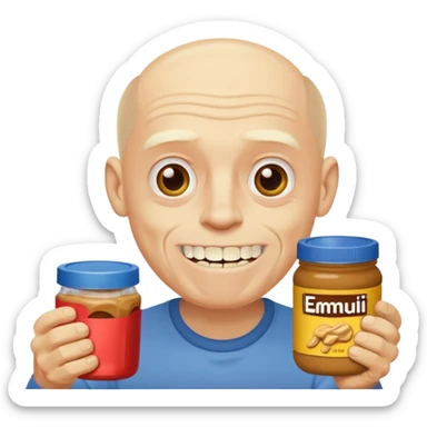 White man, barely any hair, lots and lots of wrinkles, bad yellow teeth, and peanut butter sticker