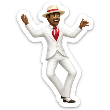 Man dancing samba wearing a panama hat and white suit with a red tie sticker