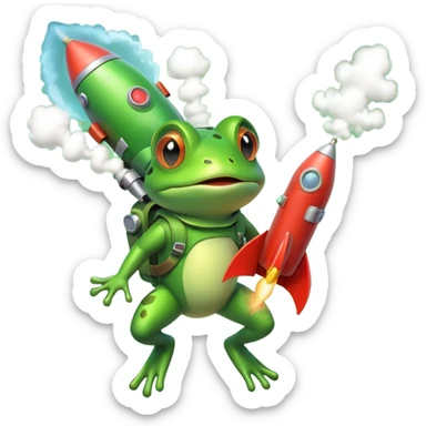 cute frog flying with a rocket pack, funny expression, rocket smoke trail, 3D cartoon, mobile game icon style, clean background, no text, no watermark sticker