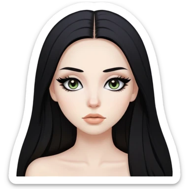 pale, black straight hair, baddie,pretty, makeup, black eyeliner, long hair sticker