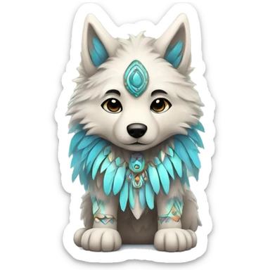 Fluffy Shy Colorful Chibi Spiritual Shamanic Wolf With Shiny Tribal Markings wearing feathers Full Body sticker