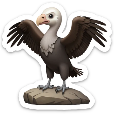 a vulture — large bird with dark brown feathers, bald WHİTE head, curved beak and sharp eyes — standing proudly on a rock — wings slightly open — realistic yet cute cartoon emoji look, clean lighting, soft shadows. sticker