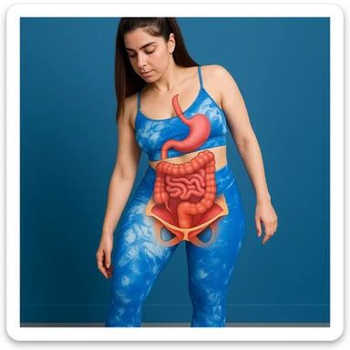 A slender woman in 4K in a physiotherapy studio, performing pelvic floor exercises, with an anatomical overlay highlighting the involved muscles and the position of the intestine, inspired by the reference photo. sticker