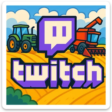 Twitch logo with a tractor and combine harvester in the background, vibrant and colorful, cartoonish style sticker