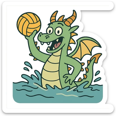dragon playing water polo, cartoon style, bright colors sticker