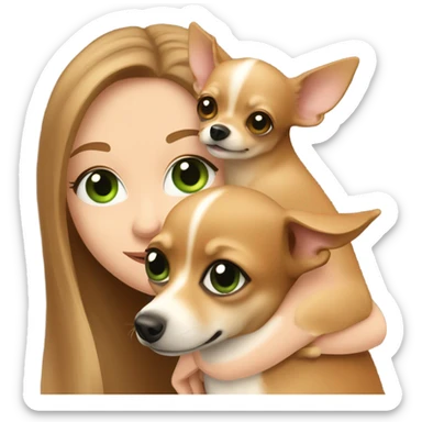 Long light brown hair, green eyes, caucasian lady hugging brown chihuahua with one ear folded sticker