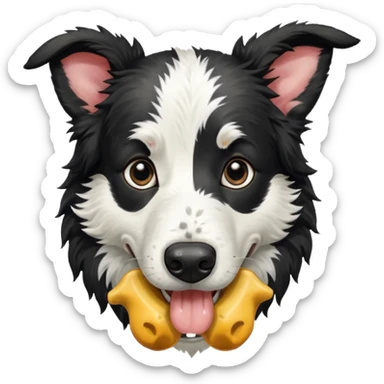 A black and white border collie is chewing on a cow's hoof. sticker