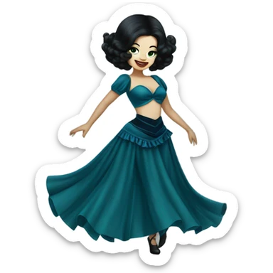 Burlesque dancer wearing blue with black hair, pale skin, and green eyes in a dark blue vintage costume dancing sticker
