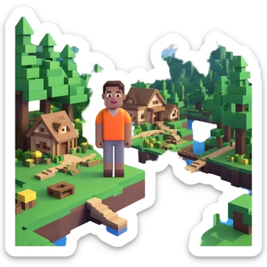 Minecraft-style villager smiling in a paradise landscape with trees and rivers sticker