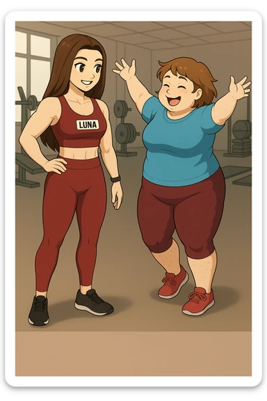 prendi spunto da queste immagini per fare: fai un webtoon/manga a colori con questa personal trainer (falle la scritta "LUNA" SU UNA TARGHETTA APPOSTA SUL TOP SPORTIVO CHE HA), che parla IN PALESTRA con una sua cliente che ha cellulite ed è leggermente in sovrappeso. LA SIGNORA è IN ABITI SPORTIVI E SI AVVICINA PER ABBRACCIARE LUNA ENTUSIASTA DI INTRAPRENDERE UN PERCORSO CON LEI. LUNA è FELICE. NON FARE I FUMETTI, FAI SOLO LORO COME SE DIALOGASSERO. FAI LE DUE FIGURE A FIGURA INTERA CON IL CORPO INTERAMENTE VISIBILE sticker