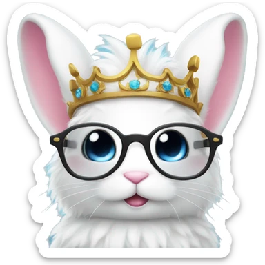 cute super fluffy white bunny with glasses wearing a crown sticker