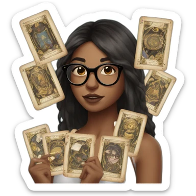 girl with bro2n straight hair and black round glasses with tarot cards in hands sticker