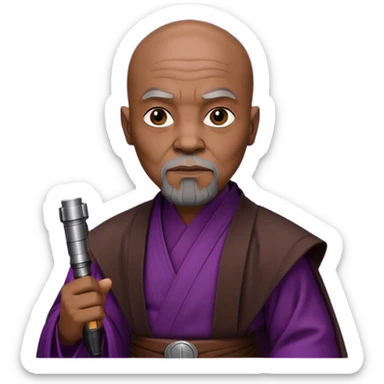 star wars master windu bald head, no facial hair, brown jedi outfit with purple lightsaber sticker