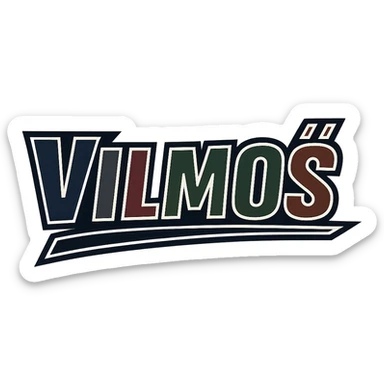 The name 'Vilmos' in a masculine, modern, gradient font with precise Hungarian characters, dark contour, extra wide and prominent white letter border as in sample images, dynamic slanted underline, masculine color shades including blue, gray, burgundy, green, and brown, 1000x1000 px, PNG, transparent background. sticker