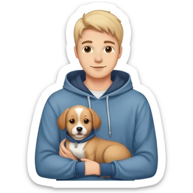 pretty handsome dog lover boyfriend with soft smile, wearing hoodie and jeans, one dog   sticker