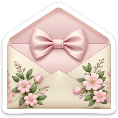 "A delicate floral envelope sealed with a silky bow, featuring soft pink and cream flower patterns."
 sticker