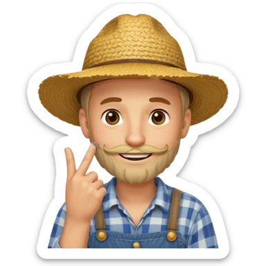 “A single emoji-style character combining 👨‍🌾😄 and 🤔: a smiling farmer man with a straw hat, friendly face, and light beard, holding one hand under his chin in a thinking gesture. His index finger rests under his face, eyes looking slightly upward as if thinking.  sticker