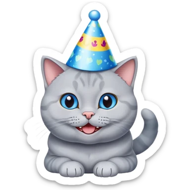 Happy British shorthair blue cat with a big smile wearing a colorful birthday hat sticker