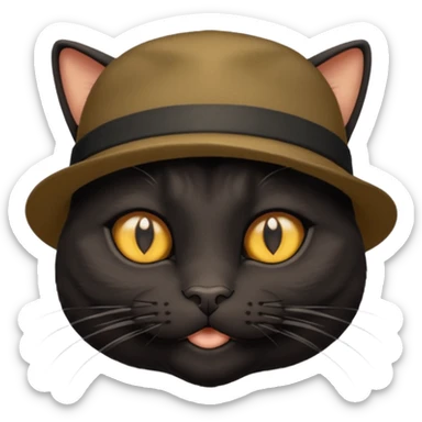 mostly black cat with some brown on face, gold eyes, british hat sticker