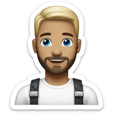 A guy with blue eyes, light skin, super short hair, a little beard on his chin, wearing a white T-shirt, a silver earring with a cross on one ear. sticker