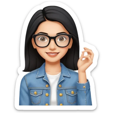generate a pretty bratz emoji 
Make her wear a white dress with a denim jacket over it. black hair side part 

She should look exactly  like Deepika padukone. wearing rectangular spectacle, smiling sticker
