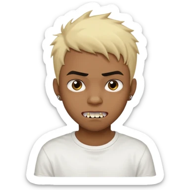 Black Male Teenager with Short punk messy blonde hair, Dark brown bushy eyebrows large expressive golden-brown eyes, wearing a plain white t-shirt, Dark Brown skin color. vampire tooth sticker