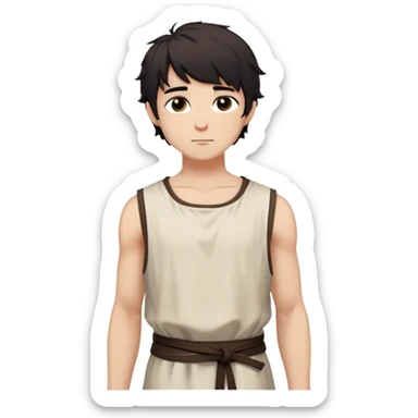 medieval summer outfit worn by a DnD themed fantasy male character. basic sleeveless cotton tunic with a simple, rounded neckline and a loose fit. clothes only above the waist. The clothes full waist. The character's haven't arms. character is white-skinned, black hair, brown eyes, short messy hair. sticker