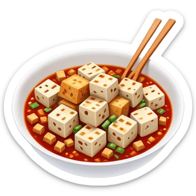 Sichuan Mapo Tofu spicy red dish with tofu cubes, simplified emoji style with bold outlines and bright colors, cartoon style national famous Chinese cuisine sticker