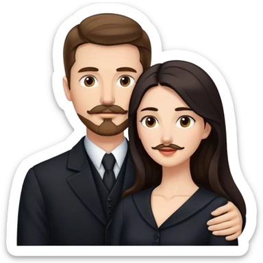 tall white man with brown hair goatee mustache embracing a pale woman with long black hair, wearing elegant clothing sticker