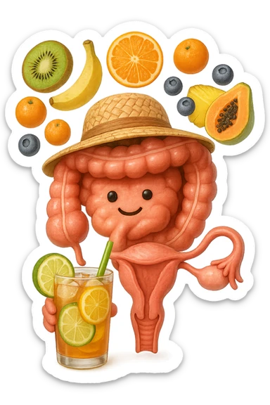 EMOJI STILE IPHONE DI INTESTINO E UTERO UMANI REALISTICI CON CAPPELLO DI PAGLIA DA SPIAGGIA CHE BEVE UN Tè FREDDO IN BICCHIERE DI VETRO CON DENTRO  fette di cetriolo, limone, lime, DIETRO L'INTESTINO FLUTTUANO PEZZETTI DI Kiwi
Banana acerba
Arance e mandarini
Mirtilli
Ananas
Papaya
IPERREALISTICO 4K sticker