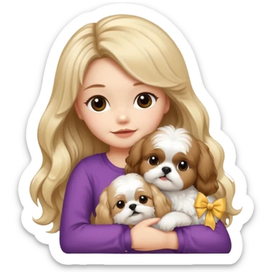 a girl with long, wavy brunette hair hugging a Shih Tzu with blonde fur and a cute bow sticker