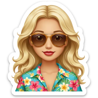 Blonde model with brown eyes, long wavy hair, margaritaville sticker
