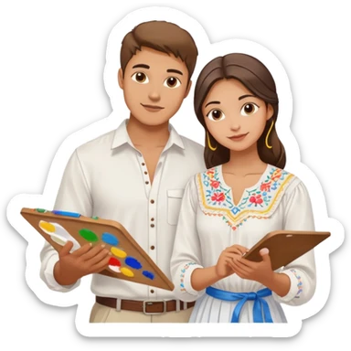 a guy in a white Ukrainian embroidered shirt and a girl in a white Ukrainian embroidered shirt, holding music and a paint palette sticker