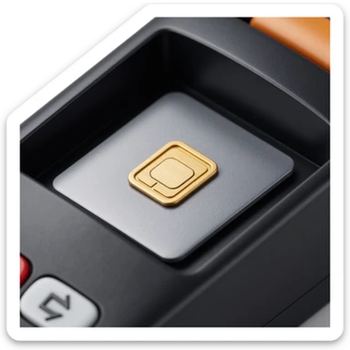 close-up of a credit card chip inside a POS terminal, skeuomorphism icon style, detailed and metallic sticker