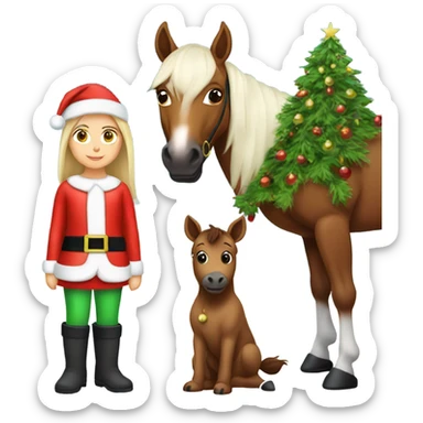 White Girl dressed like Santa next to Christmas tree with brown horse sticker