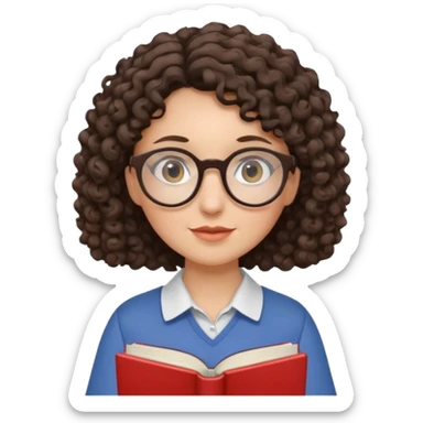 female English teacher with glasses and wearing a shirt, holding an English book. I have dark brown a little curly hair. My glasses are rather round than square shape. sticker