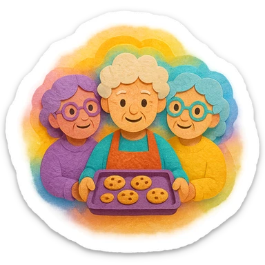 Portrait of multiple grandmas from different dimensions baking cookies together, overlapping realities, epic glowing aura, surreal cosmic kitchen, emoji-style sticker