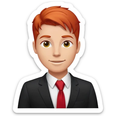 Confident, redheaded, hot, happy project manager, wearing a black suit and tie that’s red sticker