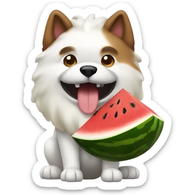 javanese dog with white and brown fur holding a watermelon slide sticker