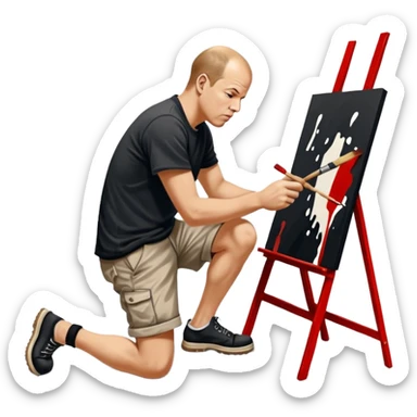 Jackson pollock the abstract artist leaning over to flick black white and red paint from a brush onto a canvas at his feet sticker