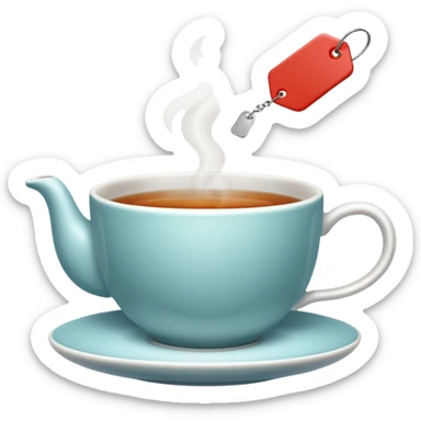Teacup with steam rising and tea bag tag hanging over the edge sticker