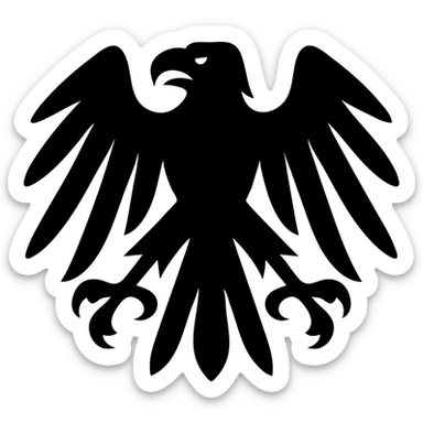 Make the eagle symbol super menacing by exaggerating the claws, beak, and wings. Keep it as one solid shape with no outlines. Show the full body visible. Remove the background. sticker