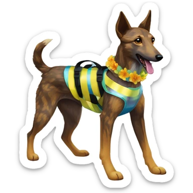  brindle brown black maroon striped lurcher Alsatian fox running blue eyes and iridescent holographic oilslick harness wearing paper iridescent tropical flower crown yellow caution tape sticker
