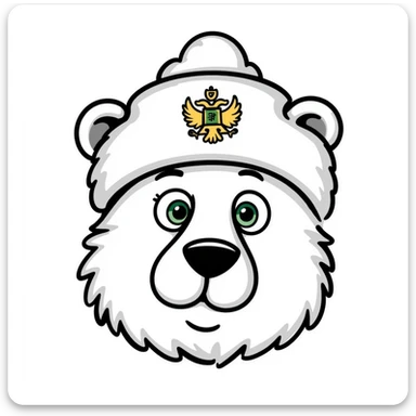 Cute grizzly bear face with green eyes, wearing a white fur hat with golden Russian coat of arms in the middle sticker