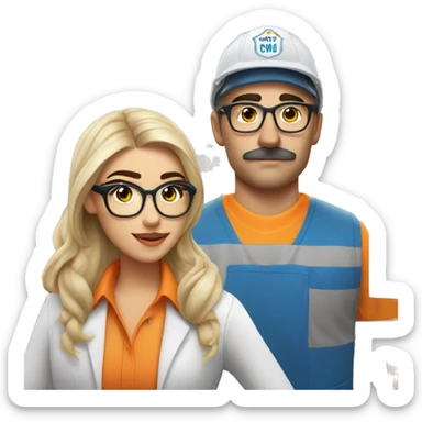 madison beer as barista with handsome blonde man, no beard but with mustache, blue/green eyes, glasses, wearing white hard hat that says ”gmc” in orange letters, orange safety vest, blue shirt on sticker