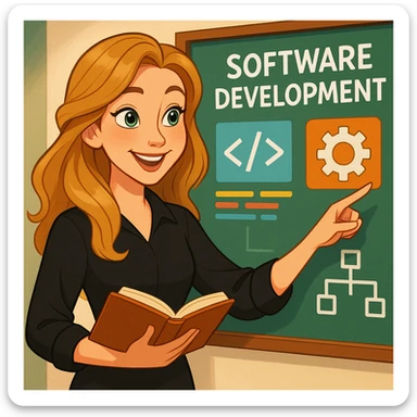 Disney-inspired cartoon businesswoman, European, long dark blonde beach waves, green eyes, black blouse with long sleeves, no glasses or chain, smiling, teaching software development sticker