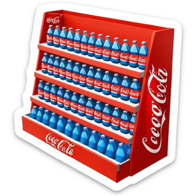 3D warehouse shelf with Coca-Cola, Pepsi, Fanta bottles and products, 
organized retail shelves, colorful product packages, store inventory, 
transparent background, emoji style, realistic, isometric view sticker