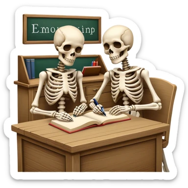 two skeletons sitting on the desk and writing something in their books sticker