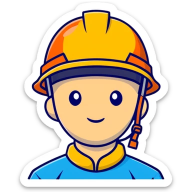 Man of Chinese appearance wearing an orange helmet with a yellow hat visible sticker